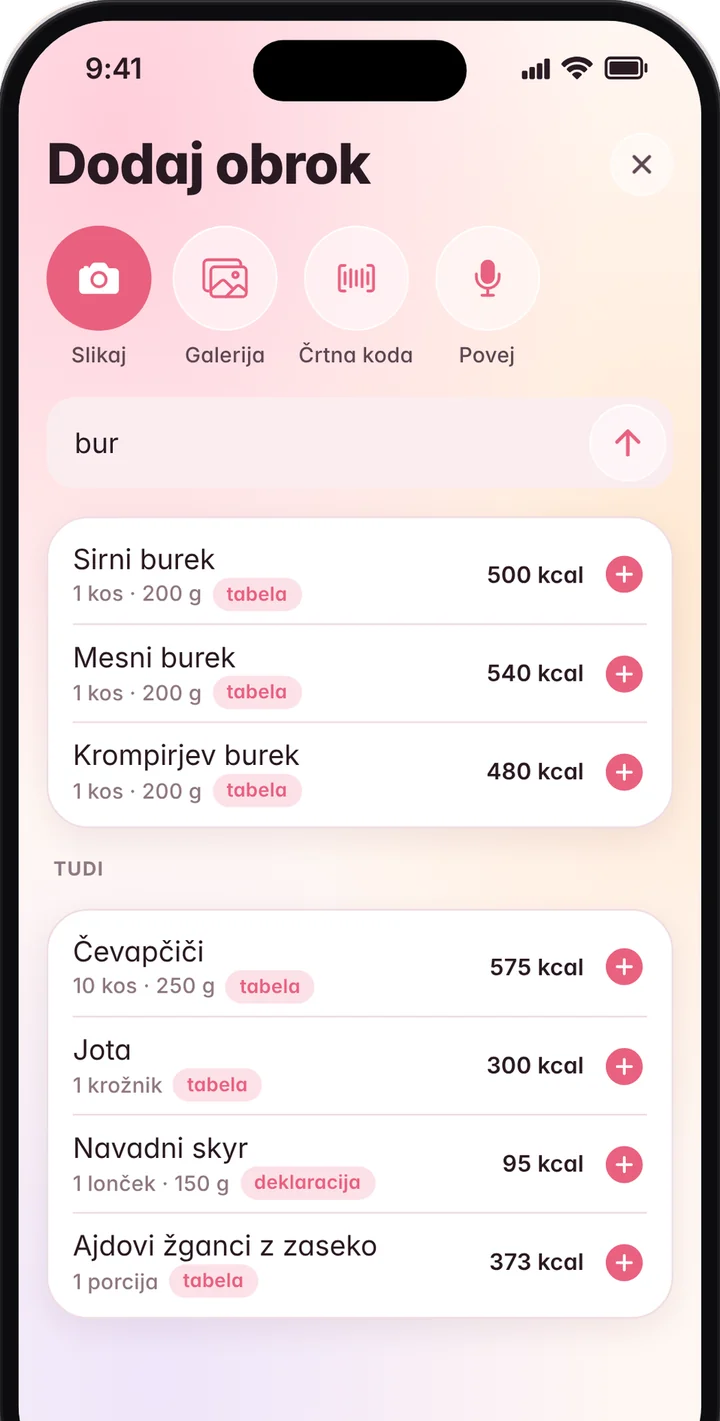 Iskanje »bur« pokaže sirni, mesni in krompirjev burek s kalorijami