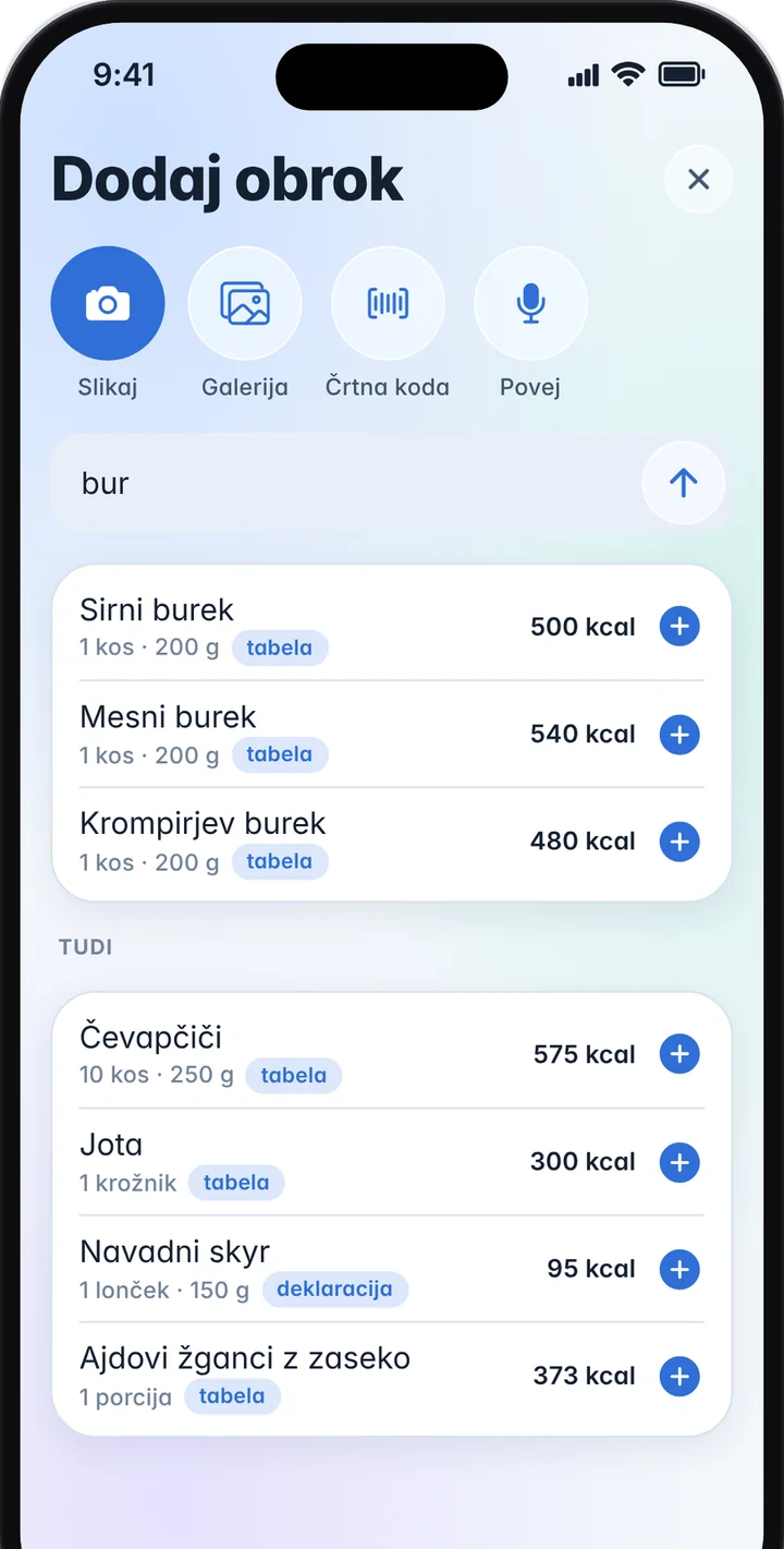 Iskanje »bur« pokaže sirni, mesni in krompirjev burek s kalorijami