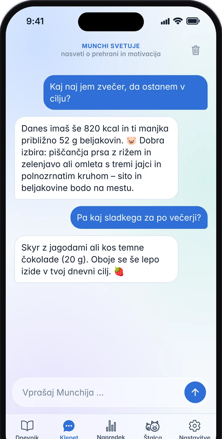 Klepet, kjer Munchi predlaga večerjo glede na preostale kalorije